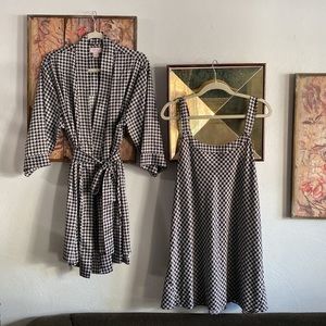 90S VINTAGE BW HOUNDSTOOTH LINGERIE SLIP DRESS SHORT ROBE VINTAGE LOUNGEWEAR SET